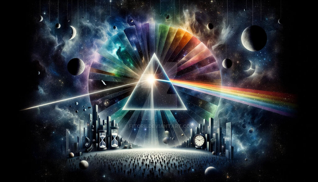 Pink Floyd at Abbey Road Studios, Alan Parsons working at the mixing board, The iconic prism cover of Dark Side of the Moon